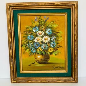 1973 Jane Voight Oil On Canvas Painting Daisy Flowers In Vase Still Life